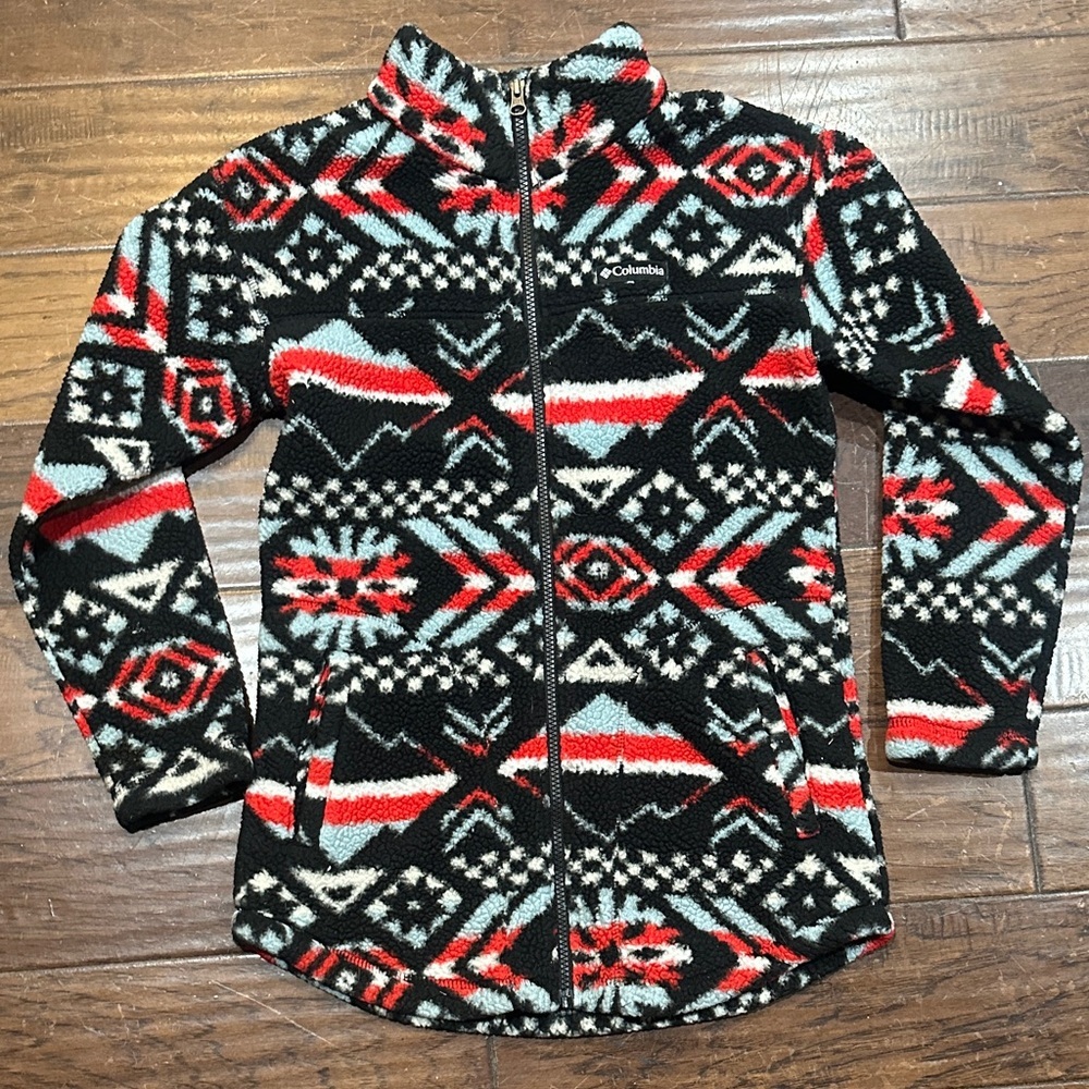 Columbia Black and‎ Red Geometric Fleece Jacket